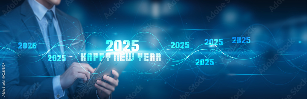 A businessman holding a tablet displaying the year 2025 in a futuristic digital setting, representing technological advancements, global business growth, and innovation in the tech industry. A businessman holding a tablet displaying the year 2025 in a futuristic digital setting, representing technological advancements, global business growth, and innovation in the tech industry.