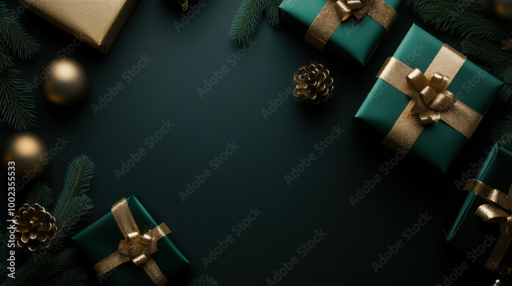 Elegant holiday gifts arranged with pine branches and decorative ornaments on a dark background Elegant holiday gifts arranged with pine branches and decorative ornaments on a dark background
