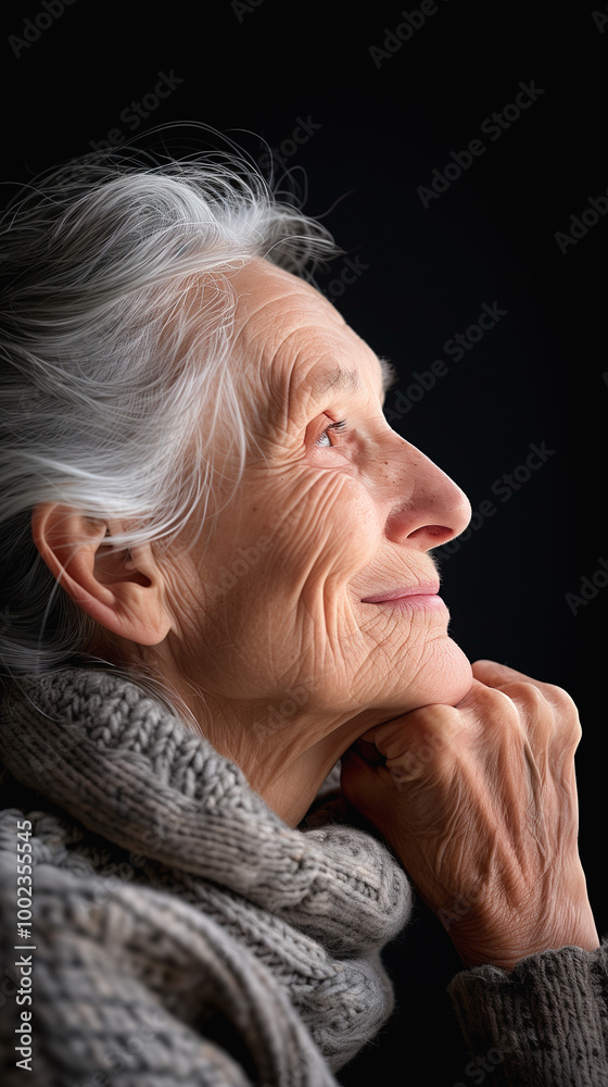profile portrait of smiling gray-haired caucasian elderly woman on black background profile portrait of smiling gray-haired caucasian elderly woman on black background