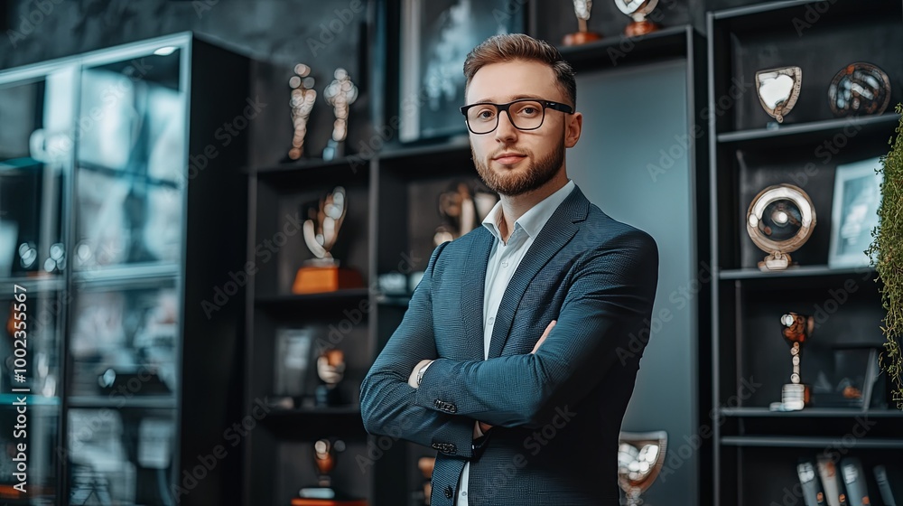 A professional man stands confidently in an office filled with trophies and awards, symbolizing achievement and success. A professional man stands confidently in an office filled with trophies and awards, symbolizing achievement and success.