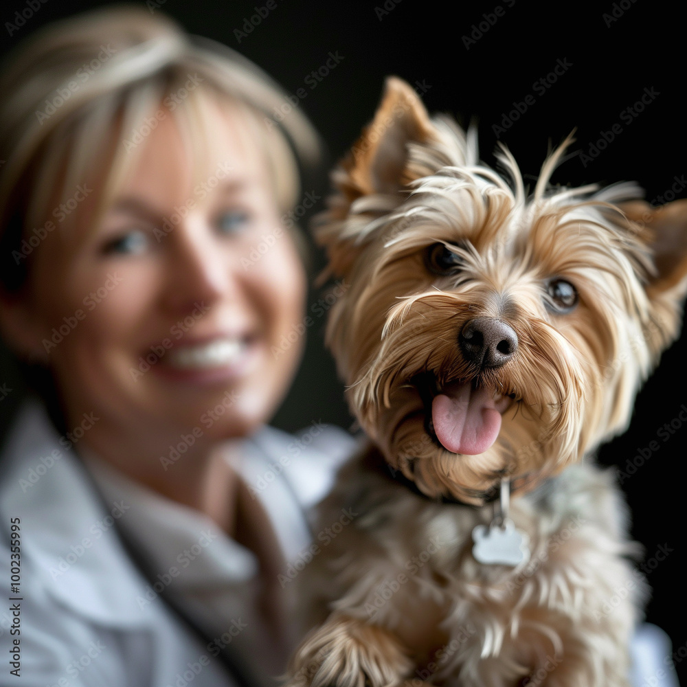 happy Yorkshire Terrier with warmly smiling female veterinarian on background happy Yorkshire Terrier with warmly smiling female veterinarian on background