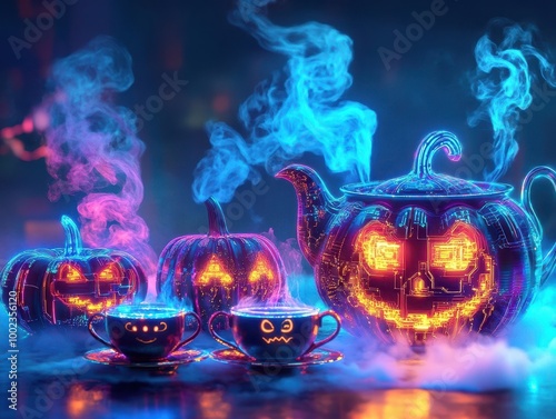 Neon Halloween Tea Party with Pumpkins and Teapot photo