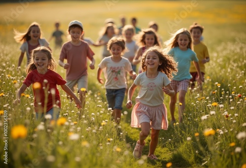 A group of joyful children runs through a field of wildflowers, playing under the warm sunlight. The scene is full of laughter, energy, and the innocence of childhood.