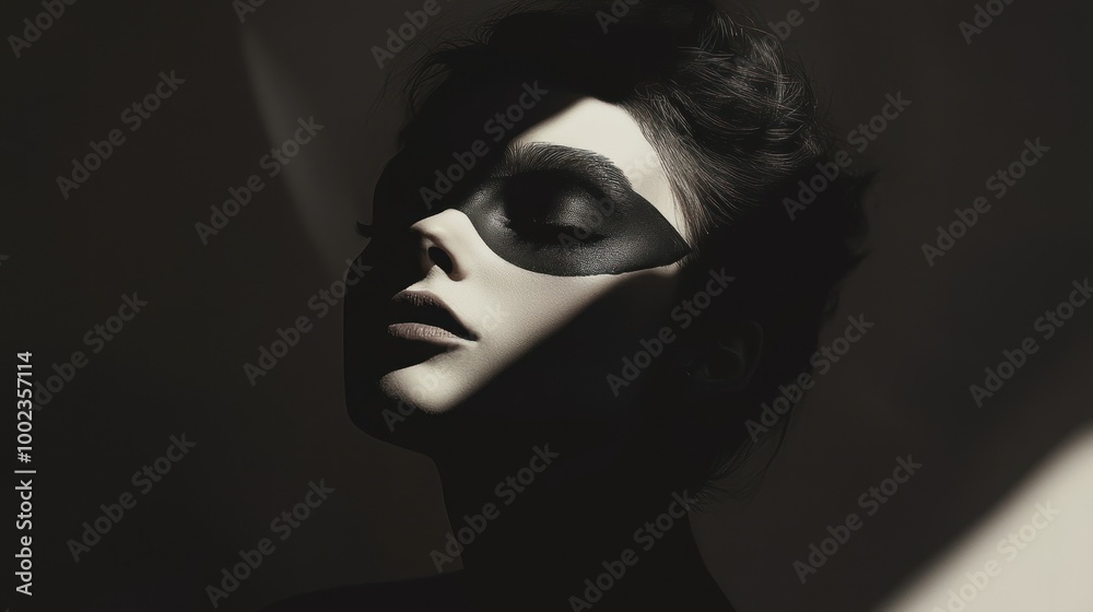 Close-up Portrait of a Woman with Black and White Makeup and Shadowed Lighting Close-up Portrait of a Woman with Black and White Makeup and Shadowed Lighting