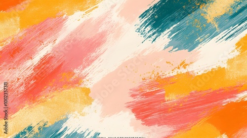 A vibrant, abstract painting featuring bold strokes of pink, orange, teal, and cream, creating a lively and artistic background. photo