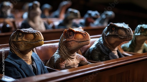 Dinosaur jury box filled with different species, all listening intently to the trial proceedings, dinosaur jury, prehistoric justice