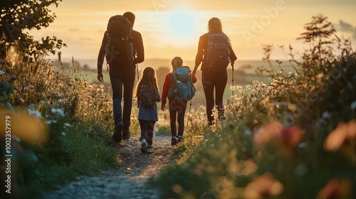 A family walks along a scenic path at sunset, enjoying nature and togetherness.