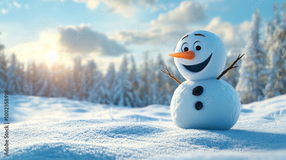 Cheerful 3D Snowman in Winter Wonderland, a charming snowman with a joyful expression, coal eyes, and a bright orange carrot nose, stands proudly in a serene snowy landscape Cheerful 3D Snowman in Winter Wonderland, a charming snowman with a joyful expression, coal eyes, and a bright orange carrot nose, stands proudly in a serene snowy landscape