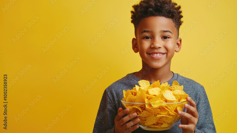 A black teenage boy holds a glass plate with potato chips in his hands and smiles against a yellow background. The guy is happy with his delicious snack. Junk food A black teenage boy holds a glass plate with potato chips in his hands and smiles against a yellow background. The guy is happy with his delicious snack. Junk food