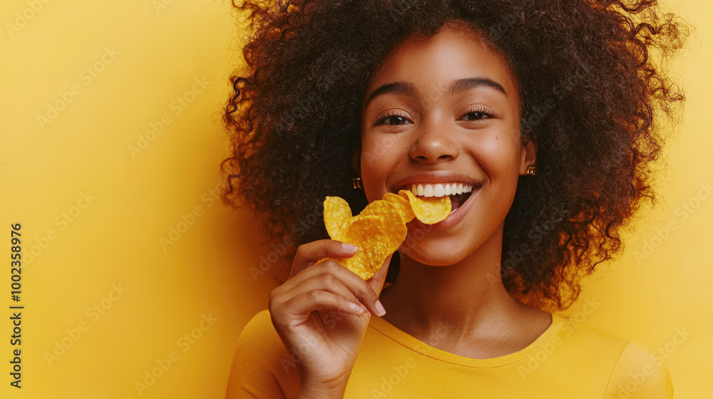 A black positive teenage girl with curly hair is eating potato chips on a yellow background. A young woman smiles and eats a delicious snack A black positive teenage girl with curly hair is eating potato chips on a yellow background. A young woman smiles and eats a delicious snack