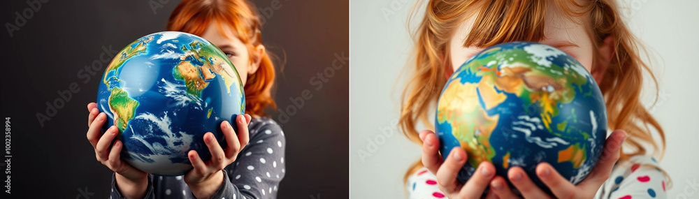 red-haired girl holding planet earth in her hands red-haired girl holding planet earth in her hands