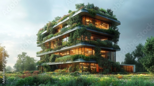 Modern Eco-Friendly Building with Lush Greenery in a Serene Landscape