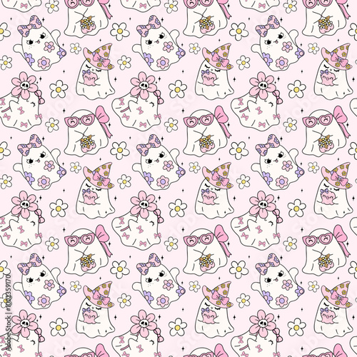 Retro Pastel girly Halloween Pink Ghost Seamless Pattern Coquette Bow Spooky Cute Cartoon repeat design isolated on background