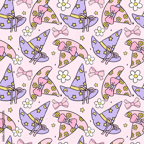 Retro Groovy Pastel Halloween girly witch hats Seamless Pattern Coquette floral Cute Cartoon repeat design isolated on background