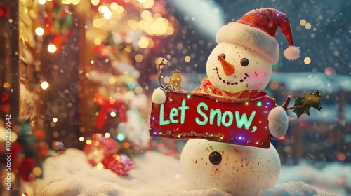 Festive Snowman with Holiday Sign, a cheerful snowman adorned with twinkling lights and decorations, joyfully holding a sign that invites winter's embrace with a playful message. photo