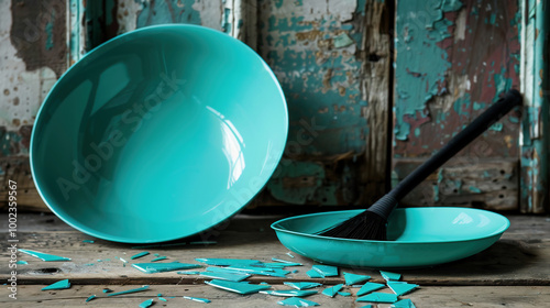 Broken ceramic plate. Shards and pieces of a broken dish