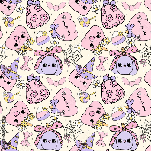 Retro Pink Pastel Halloween Pumpkins Seamless Pattern purple Coquette Spooky Cute Cartoon repeat design isolated on background