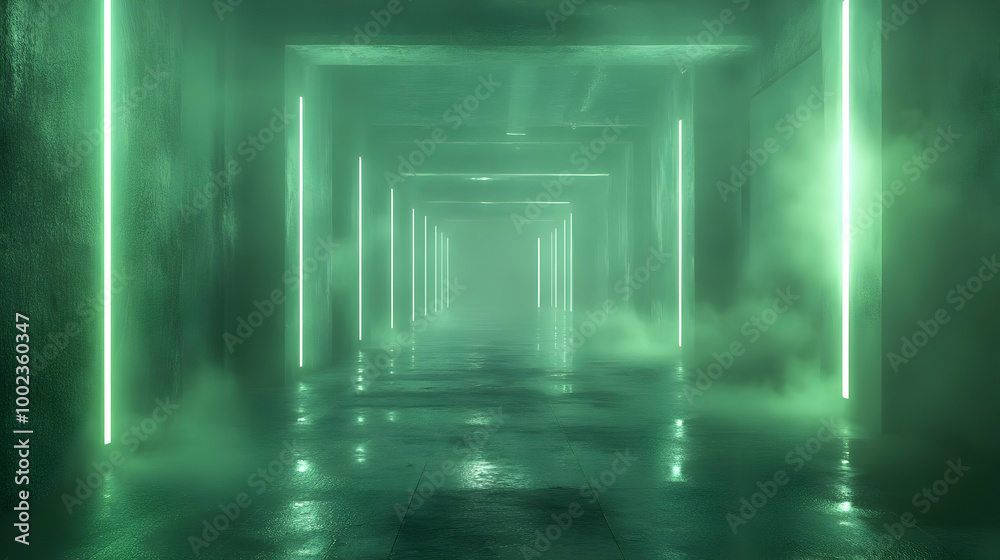 Neon Green Lights in a Foggy Hallway - 3D Illustration Neon Green Lights in a Foggy Hallway - 3D Illustration