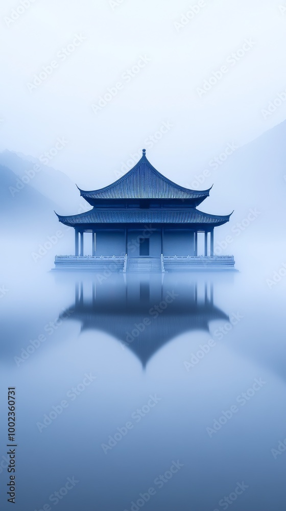 A Tranquil Pavilion Reflected in Calm Waters at Dawn in a Misty Landscape A Tranquil Pavilion Reflected in Calm Waters at Dawn in a Misty Landscape