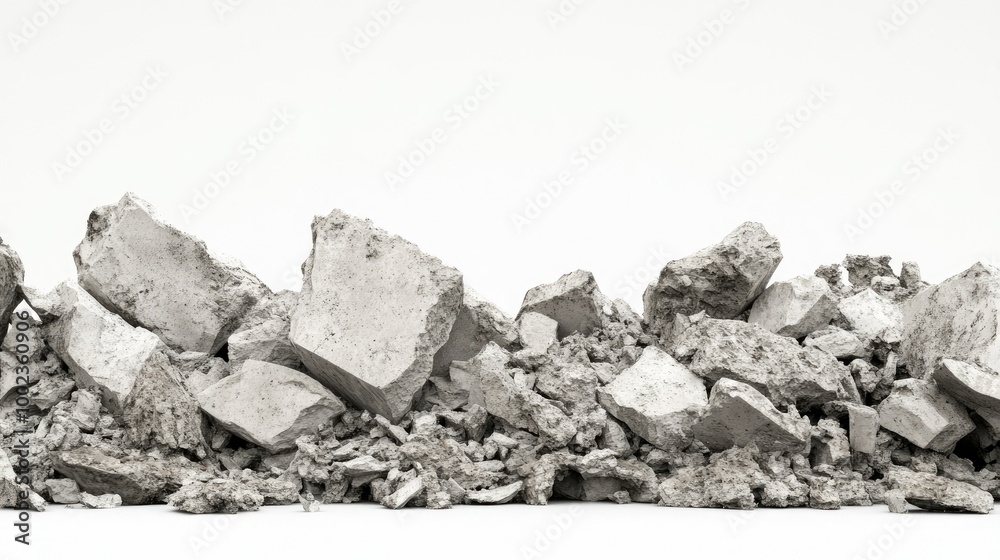 Collection of variously sized concrete debris pieces piled up against a seamless white backdrop, emphasizing their rough, irregular surfaces. Collection of variously sized concrete debris pieces piled up against a seamless white backdrop, emphasizing their rough, irregular surfaces.
