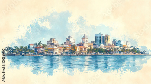 Belize City, Belize, color pen pencil hand-drawn effect drawing illustration for travel poster, card, wallpaper, backdrop or banner. Modern, clear, artistic and simple photo