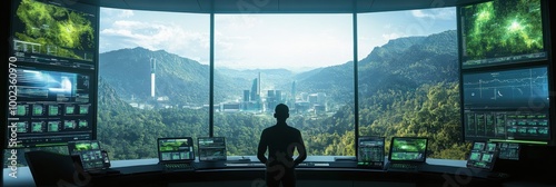 A climate change analyst monitors real-time data in a futuristic control room with green landscapes and eco-friendly cities visible. Generative AI photo