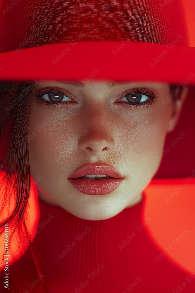 High-quality female portrait, minimalism, red background, woman in an elegant red hat looking at the camera, studio lighting, perfect lighting High-quality female portrait, minimalism, red background, woman in an elegant red hat looking at the camera, studio lighting, perfect lighting