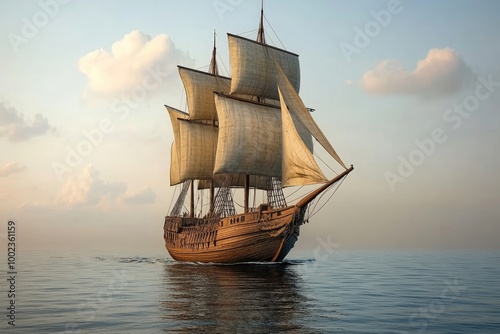 Wooden sailing ship with large sails in the open sea 