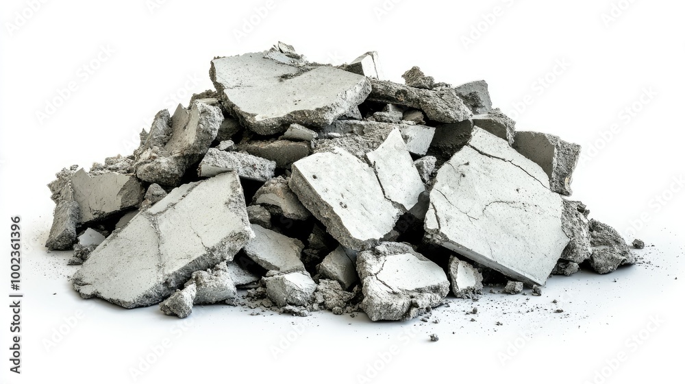 Cracked and broken concrete debris in a disorganized pile, displayed on a pure white background, highlighting texture and grit.
