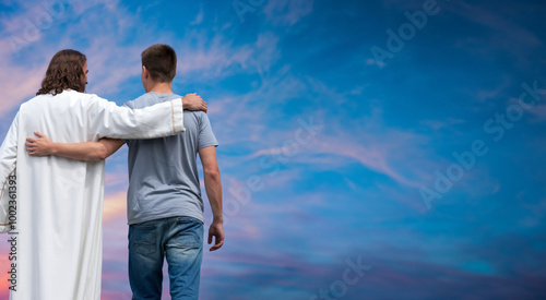Jesus Walking Alongside a Devoted Believer: An Inspiring Visual of Faith, Hope, and God's Divine Presence, Offering Guidance and Love on the Christian Journey Toward Redemption and Peace