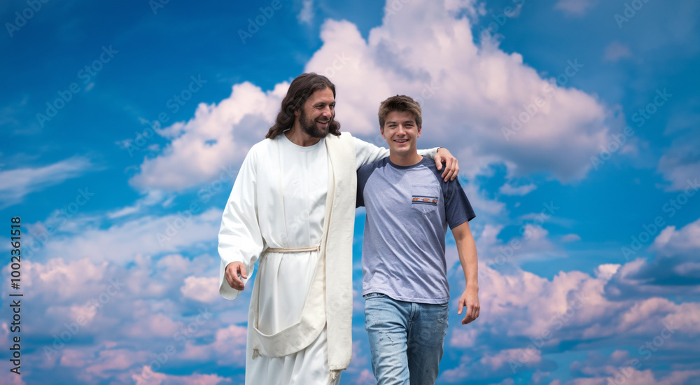 Jesus Walking with a Devoted Christian: A Visual Representation of God's Guidance, Love, and Support Along the Journey of Faith, Leading to Salvation and Eternal Spiritual Peace Jesus Walking with a Devoted Christian: A Visual Representation of God's Guidance, Love, and Support Along the Journey of Faith, Leading to Salvation and Eternal Spiritual Peace
