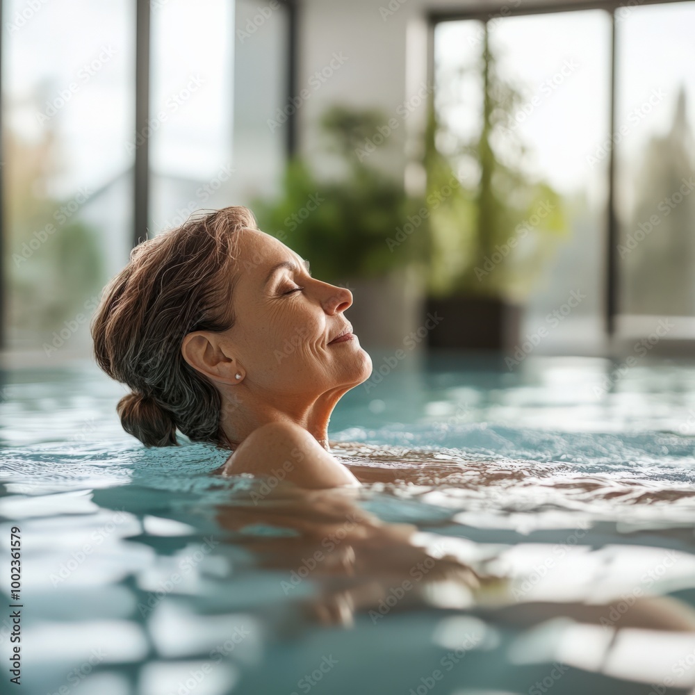 Indoor Swimming. Mature Woman Relaxing in Pool at Home for Summer Wellness Indoor Swimming. Mature Woman Relaxing in Pool at Home for Summer Wellness