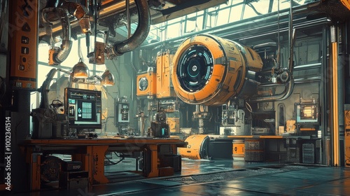 Industrial Interior with Futuristic Machinery and Piping