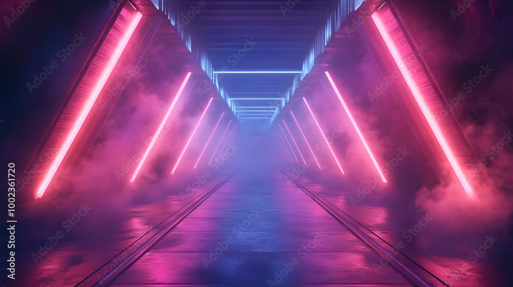 Fototapeta premium Neon Lights in a Foggy Corridor 3D Illustration