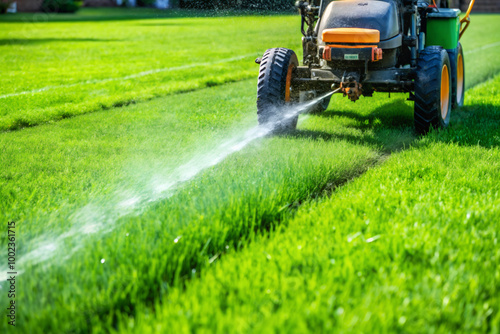 Close-up of pesticide being sprayed on a lush lawn
