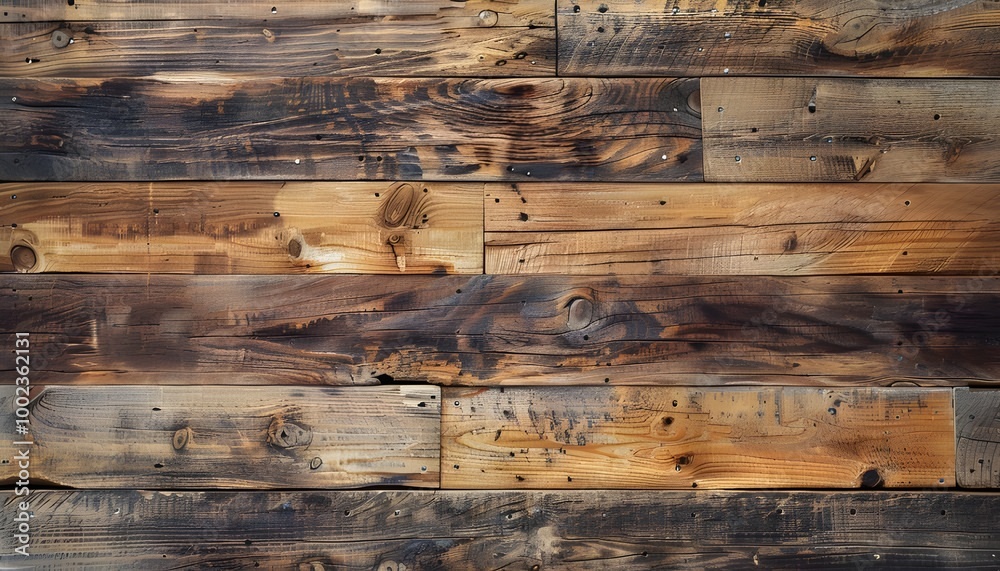 Naklejka premium Rustic weathered barn wood background with knots and nail holes