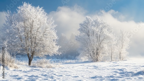 a cold air front moving across a snowy landscape, with frost-covered trees and a chilly wind blowing through the scene.