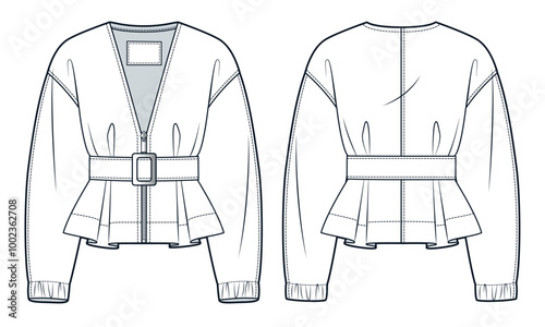 Zipped Jacket technical fashion Illustration. Belted Trench Coat fashion flat technical drawing template, cropped, front and back view, white, women, men, unisex CAD mockup.