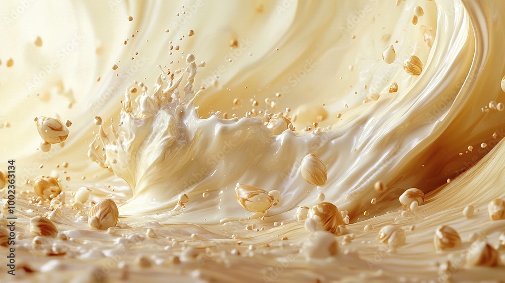 A close-up of a milk splash with nuts at the bottom is white and features a splash of milk A close-up of a milk splash with nuts at the bottom is white and features a splash of milk