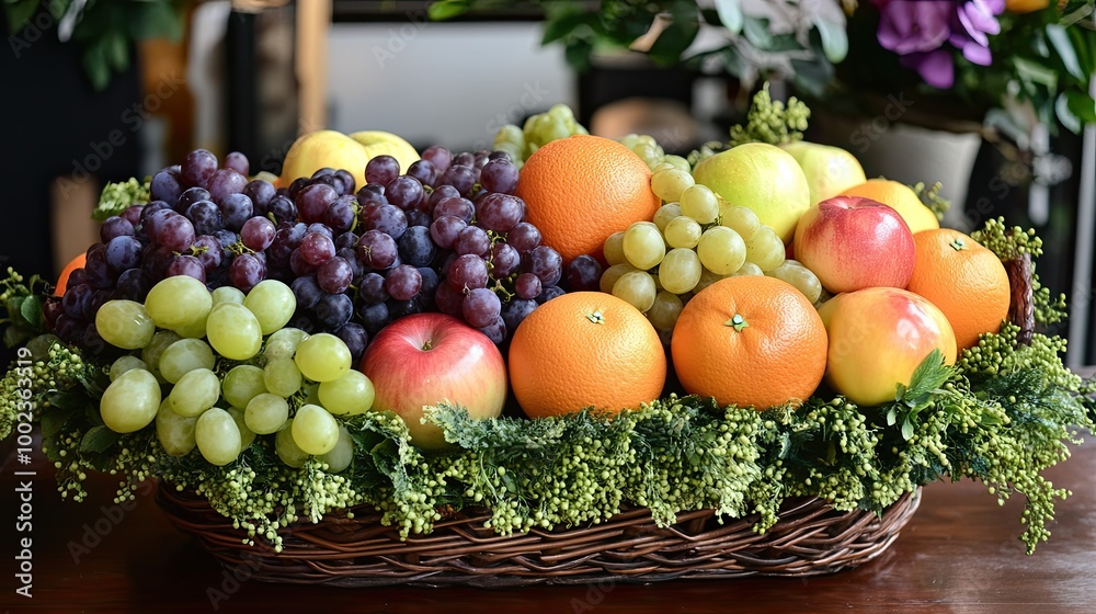 a decorative fruit basket filled with a variety of fresh fruits, such as apples, oranges, and grapes, creating a colorful display.