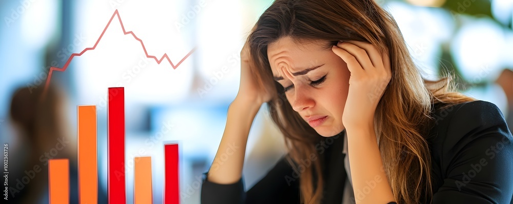 Businesswoman relieved as downtrending financial graph indicates falling interest rates Businesswoman relieved as downtrending financial graph indicates falling interest rates