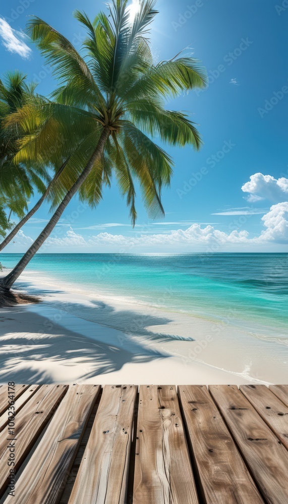 Idyllic tropical beach paradise with inviting wooden platform, perfect for showcasing summer products Idyllic tropical beach paradise with inviting wooden platform, perfect for showcasing summer products