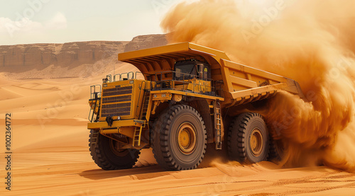 Construction vehicle plowing through desert dunes orange and yellow tone.