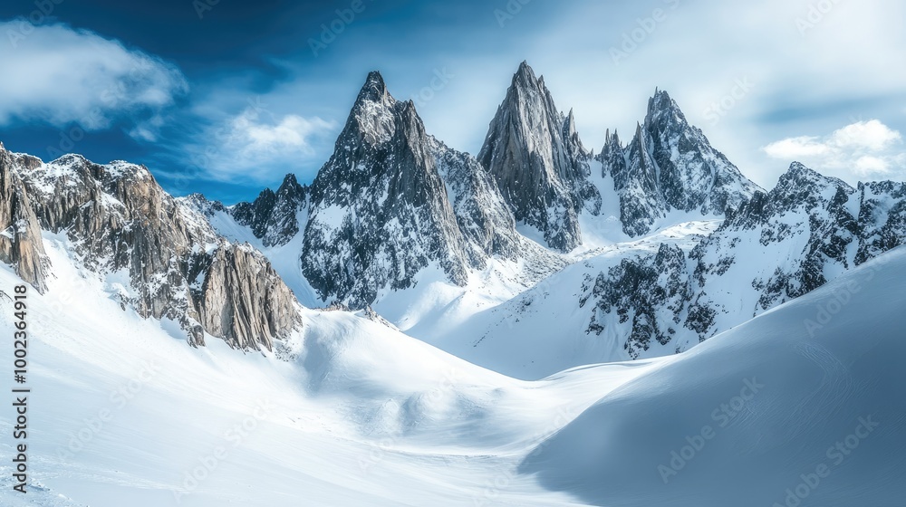 a dramatic view of snow-covered winter mountains, with jagged peaks and a bright blue sky stretching above. a dramatic view of snow-covered winter mountains, with jagged peaks and a bright blue sky stretching above.