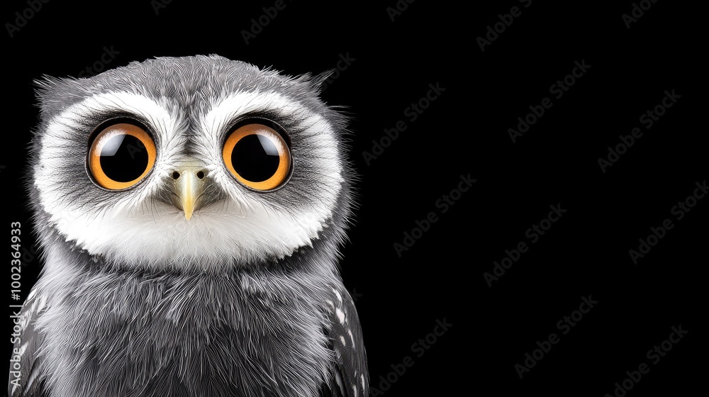 The owl's large, captivating eyes and delicate feathers create a stunning portrait with a dark, unobtrusive background The owl's large, captivating eyes and delicate feathers create a stunning portrait with a dark, unobtrusive background