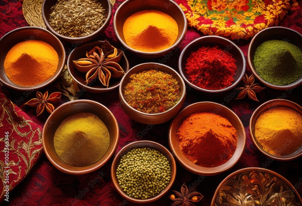 colorful array vibrant indian spices beautifully displayed intricately patterned capturing rich textures bold tones, aromatic, colored, tablecloths colorful array vibrant indian spices beautifully displayed intricately patterned capturing rich textures bold tones, aromatic, colored, tablecloths