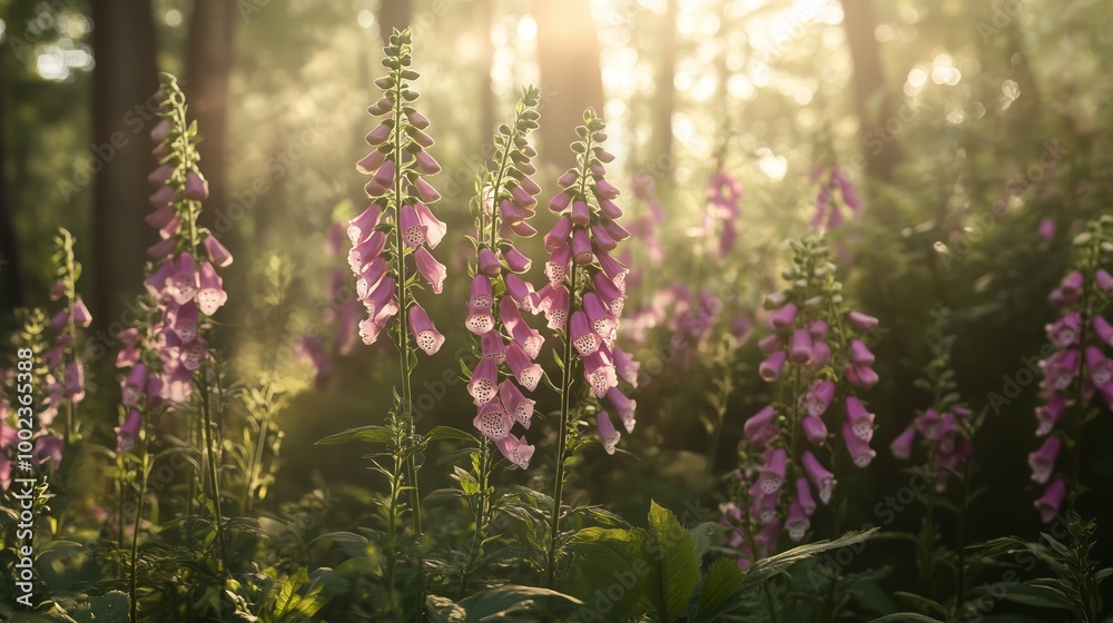 Vibrant pink foxglove flowers bloom in a sunlit forest during golden hour, creating a serene natural landscape in early summer Vibrant pink foxglove flowers bloom in a sunlit forest during golden hour, creating a serene natural landscape in early summer