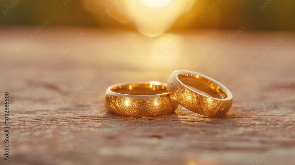 Romantic wedding rings in golden sunset for engagement or marriage themes Romantic wedding rings in golden sunset for engagement or marriage themes