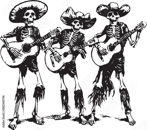 Skeleton Mariachi Trio Illustration in Black and White Design