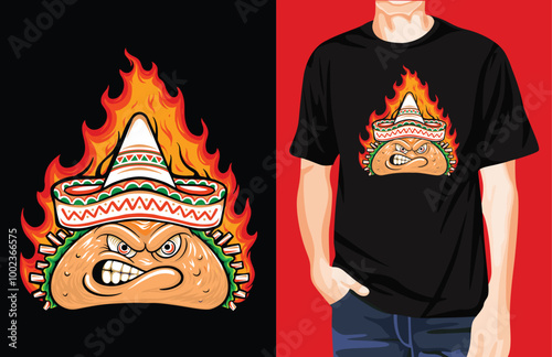 Delicious angry Mexican taco with blazing fire t-shirt